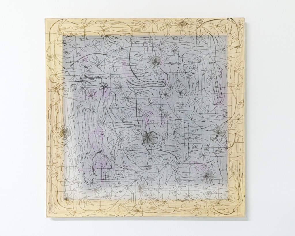 Jade Pergl, Movement study 3, 2025. Airbrush and pen on fabric. 18x18in